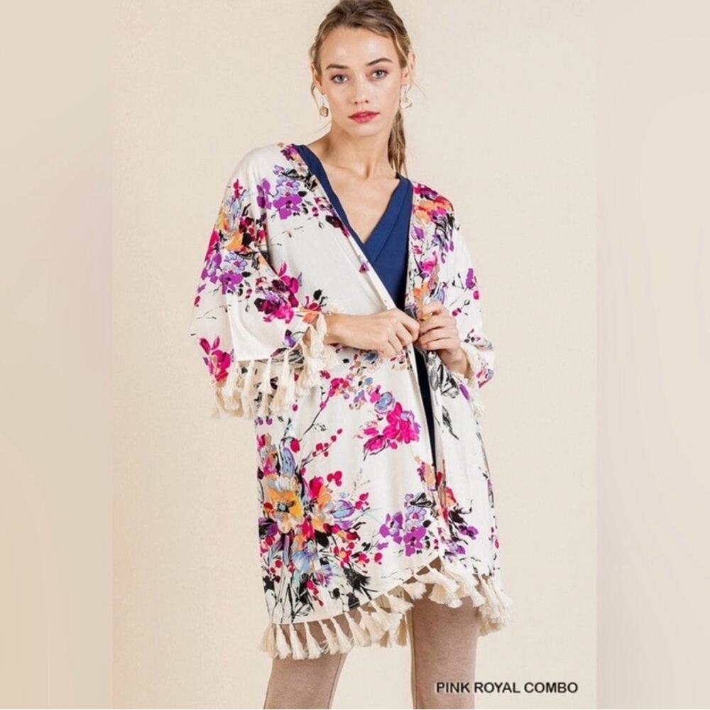 Anthropologie Boho Umgee Floral Kimono with Tassels sz 2XLBoho Open Front‎